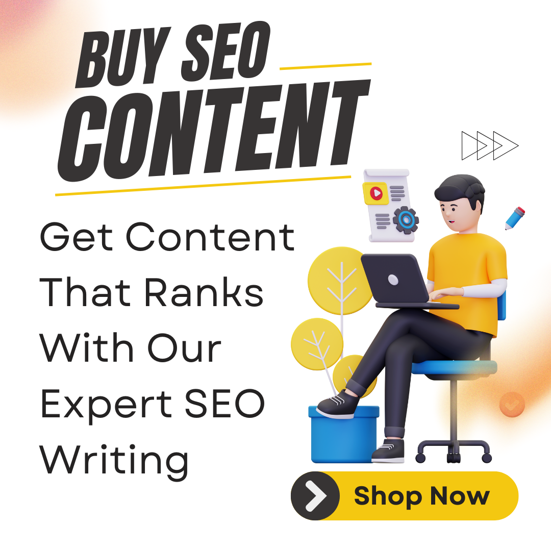 A digital promotional graphic featuring the bold headline "Buy SEO Content" with a subheading that reads "Get Content That Ranks With Our Expert SEO Writing." The image includes a 3D illustration of a person sitting at a desk using a laptop, surrounded by icons representing digital content. The layout includes a yellow "Shop Now" button, abstract gradient accents, and a clean, modern design.